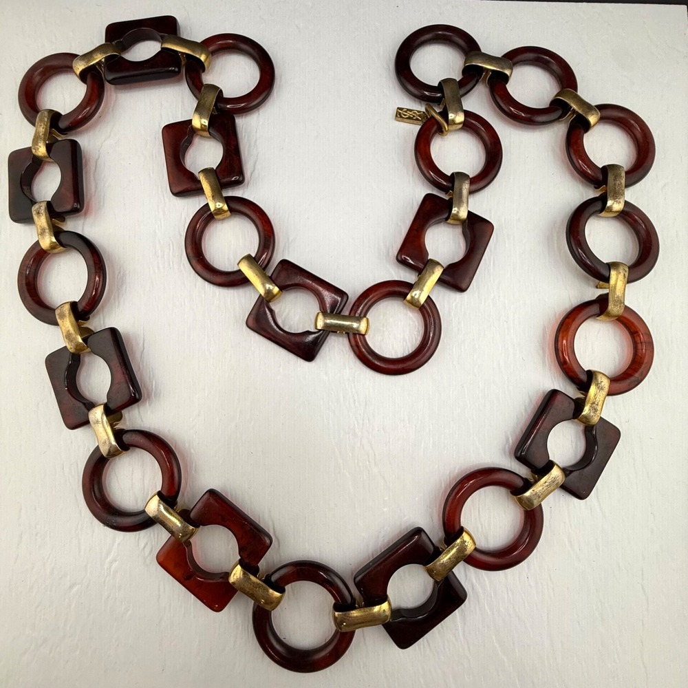 Vintage Yves Saint Laurent Belt Necklace Gold Brown Geometric Acrylic 36in